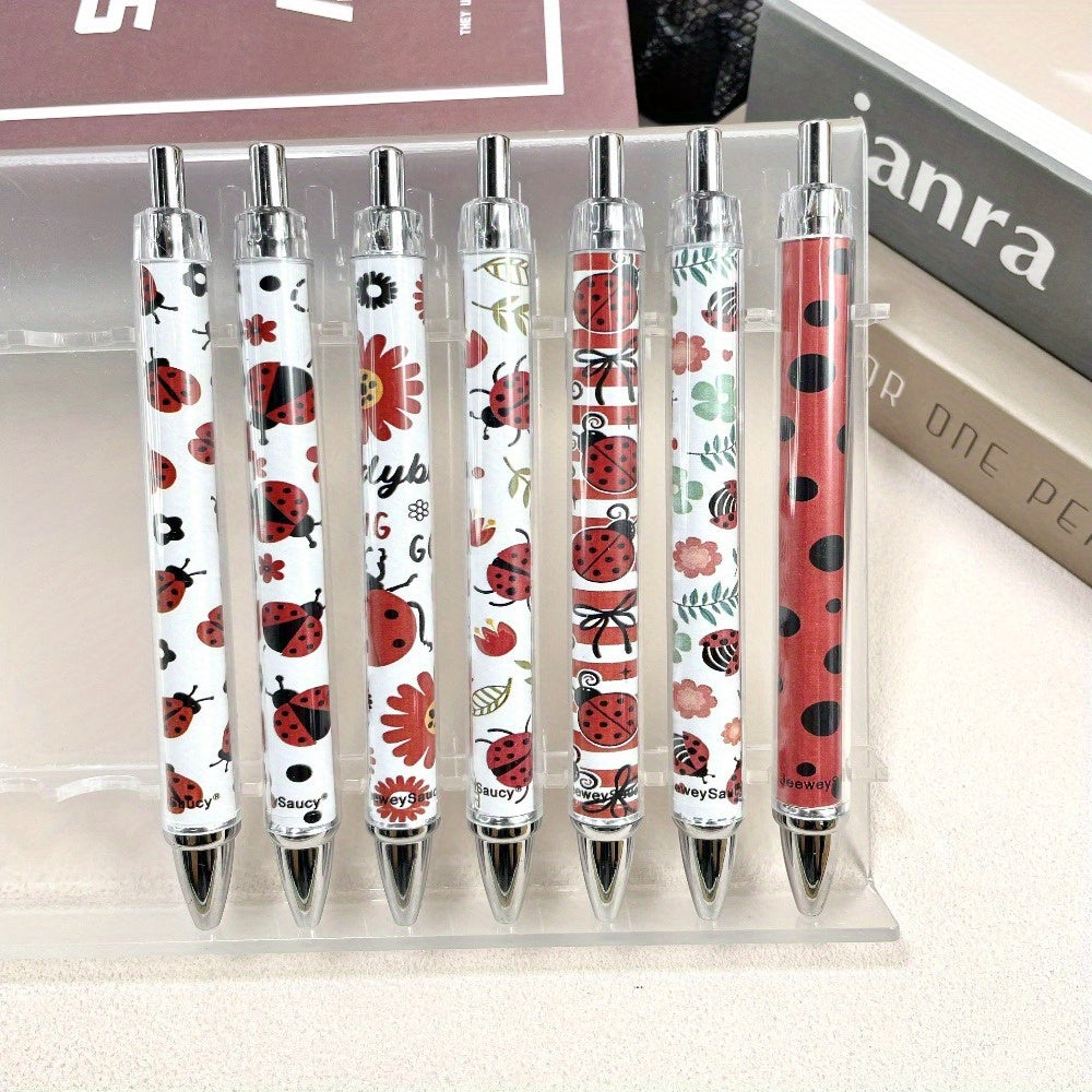 7pcs Creative Red Cartoon Ladybug Ballpoint Pen Set with Retractable Design, Black Ink Writing Pens for Teachers and Office Supplies, Back-to-School Gift, Unique Insect Party Favor