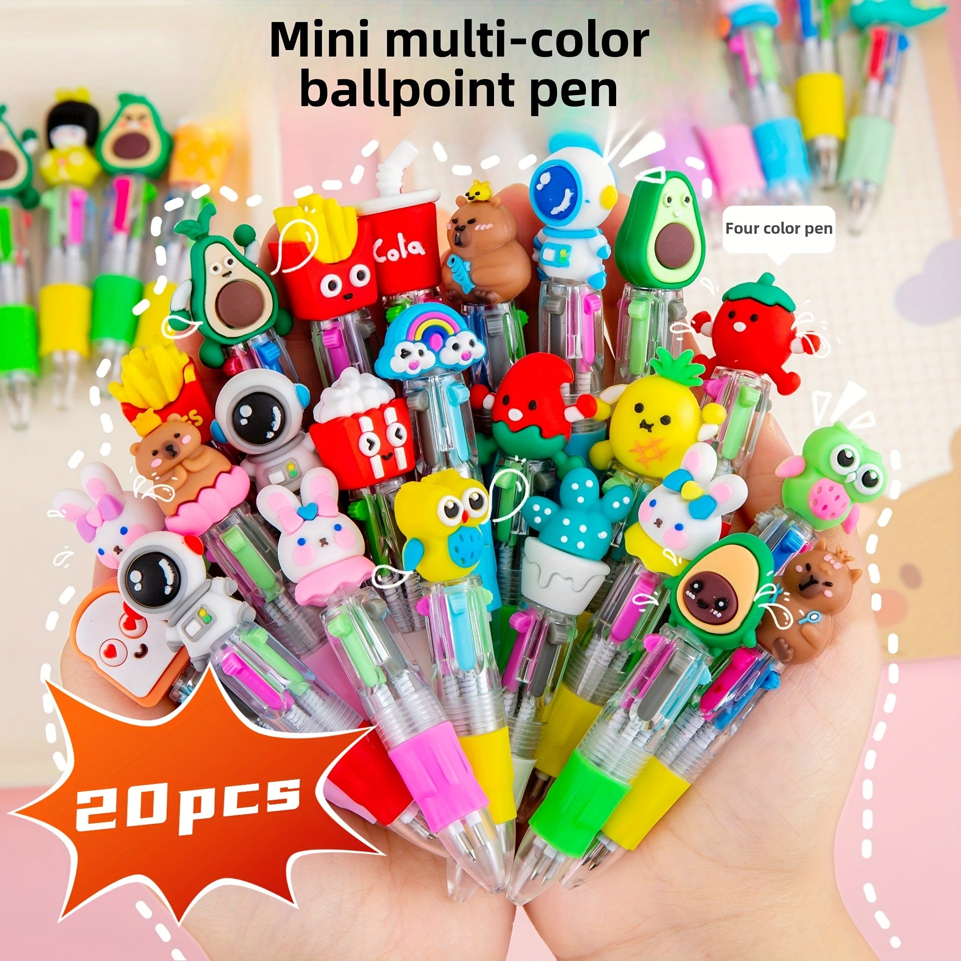 A Set of 20 Cute And Adorable Retractable Ballpoint Pens, Ergonomic Round Pen Body, Medium Nib, PVC Material, Stick Pen Structure, Various Cute Designs, Suitable for School And Office Supplies