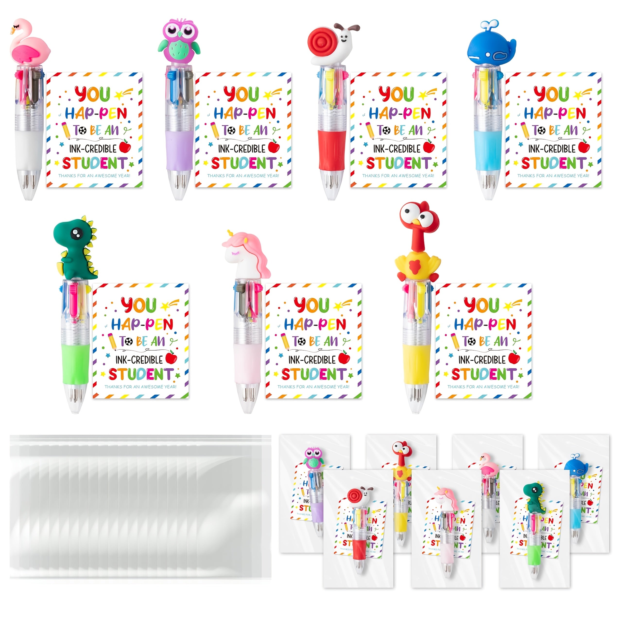 42pcs/14 Sets of Year-End Student Gifts Including Cute Cartoon 4-In-1 Colorful Retractable Ballpoint Pens with Greeting Cards, Suitable for School Party Gifts And Bulk Exchange Gifts