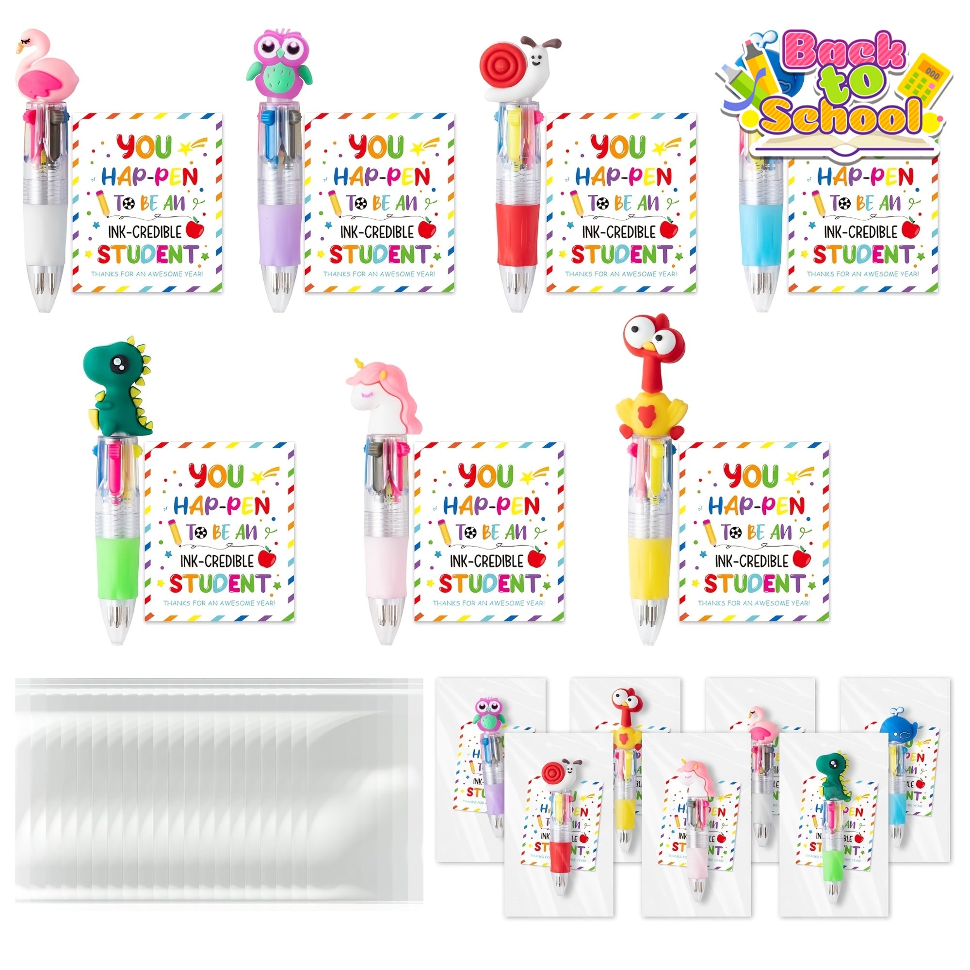 84pcs/28sets End of year student gifts include cute cartoon 4-in-1 multicolor ballpoint pens with gift cards, suitable for school party gifts, and bulk for school exchange gifts Back-to-school gift