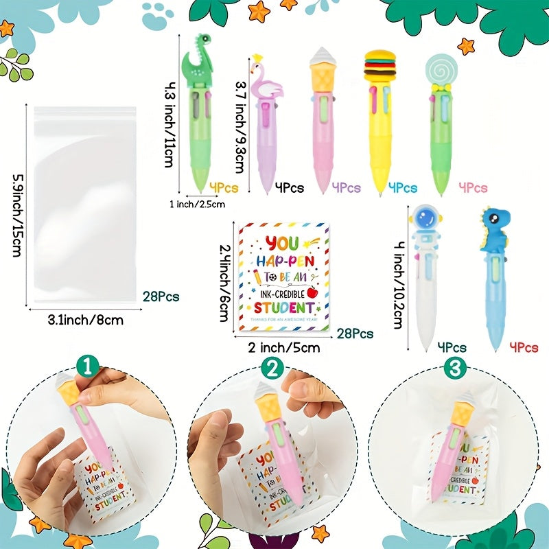 [Cute Cartoon Pens] 28 Sets of 84pcs 4-In-1 Multicolor Retractable Ballpoint Pens | Cute Cartoon End of Year Student Gifts with Gift Cards, Suitable for School Party Gifts and Bulk School Exchange Gifts