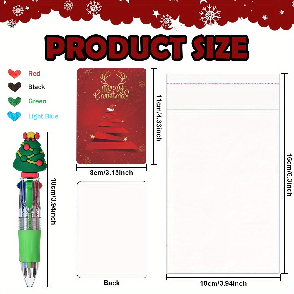 18pcs Christmas Gift Set - 6pcs 4-in-1 Multicolor Pens (0.7mm Retractable), 6 Christmas Cards, 6 Gift Bags - Cute Cartoon School Supplies, Holiday Party Favors, Christmas Gifts, Festive Stationery, Seasonal Accessories, Fun Designs, Retractable Pen,