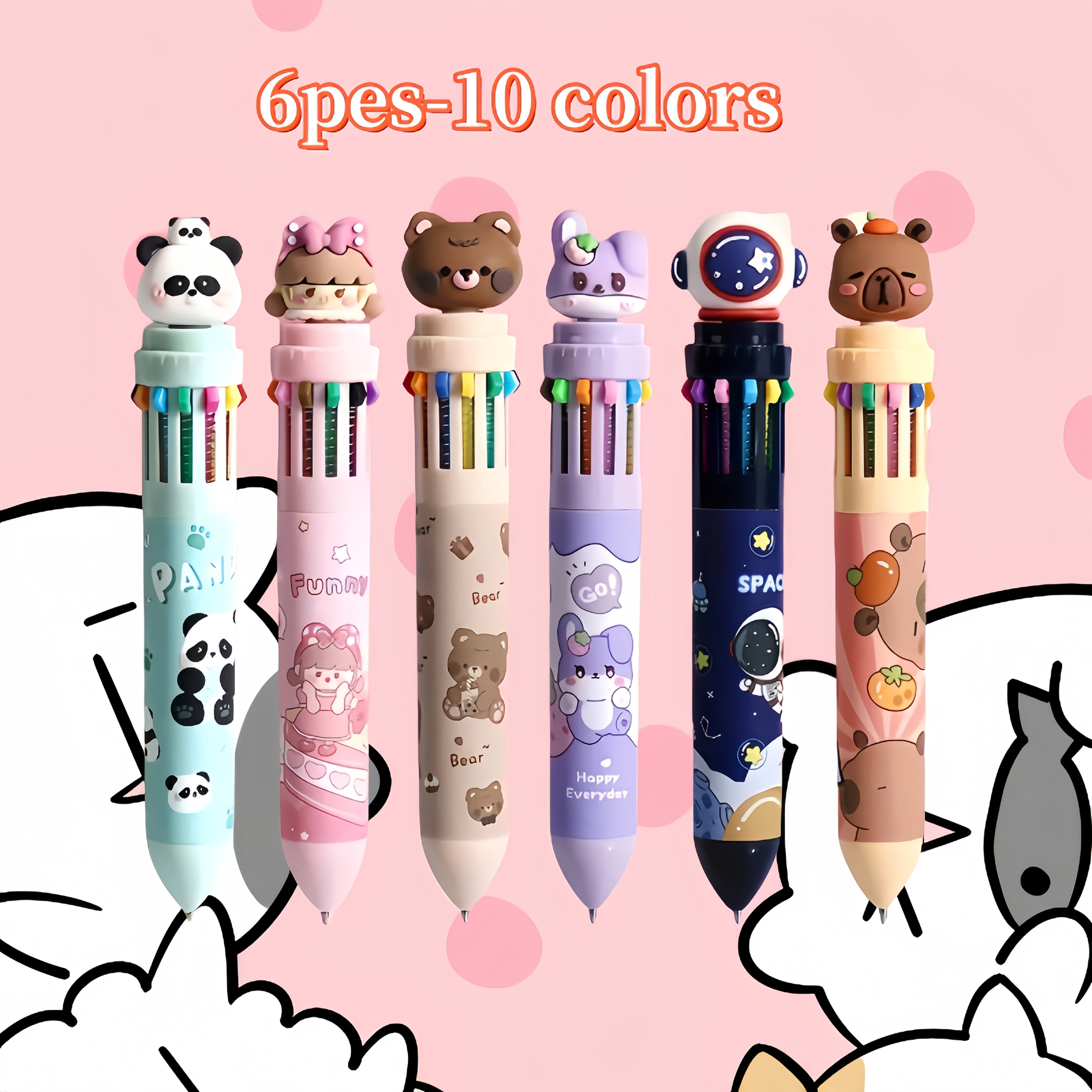 6-Piece Cute Cartoon Retractable Ballpoint Pens - 10-Color Set with Soft Silicone 3D Tips for Easy Color Switching, Vibrant Colors for Hand-Lettering, Painting, School, Office & Art Projects, Hand Lettering Tool, Artistic Drawing Pen, Playful Design, Fun