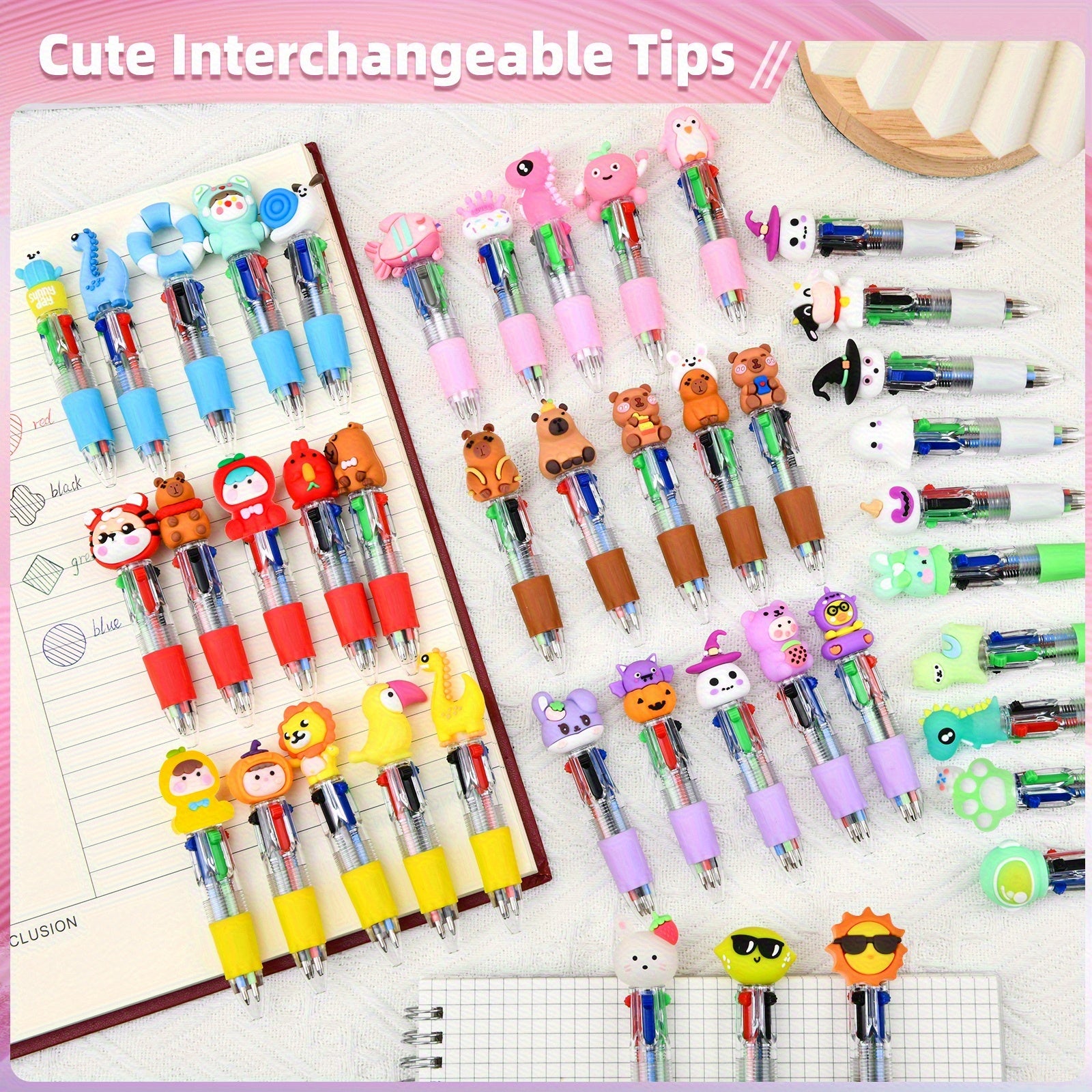 30pcs Creative Mini Four-Color Ballpoint Pen Set, Featuring Adorable Cartoon Designs with Retractable Round Tips, Perfect for Kids' Parties, Birthday Gifts, Classroom Prizes, and School Supplies
