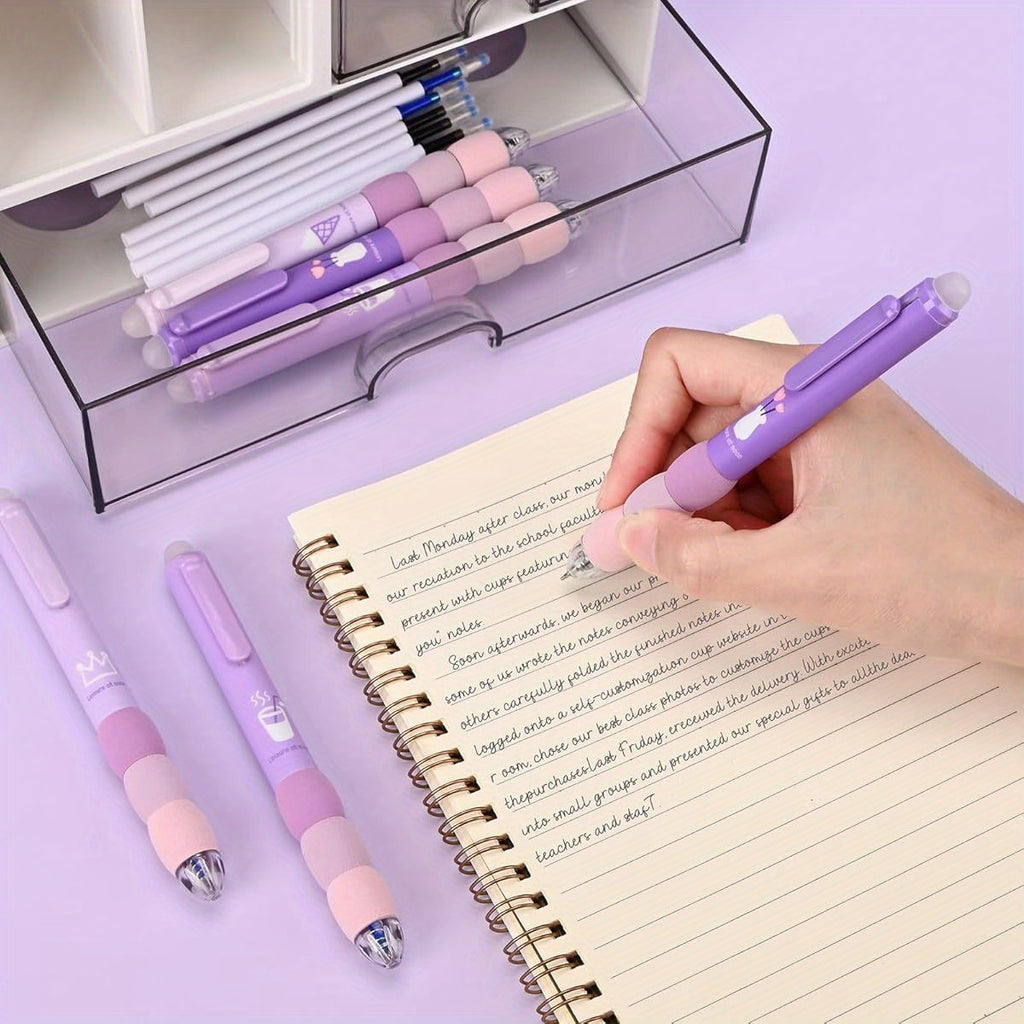 18pcs Aesthetic Retractable Erasable Gel Pens, Make Mistakes Disappear, 8 Pens & 10 Refills, Cartoon Smooth Writing Pen, 0. 5mm Black & Blue Ink Pen, Office School Supplies. ( Purple Theme, Cute Gel Pens, Pens Set, Cute Pens, Pens for, School Stationery,