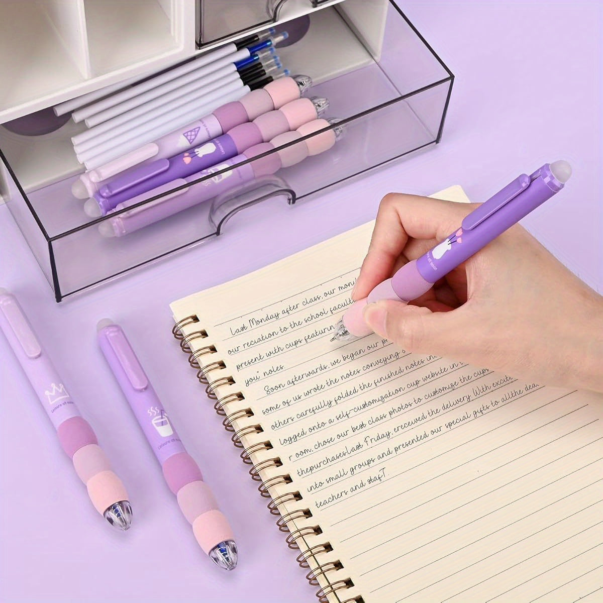 18pcs Aesthetic Retractable Erasable Gel Pens, Make Mistakes Disappear, 8 Pens & 10 Refills, Cartoon Smooth Writing Pen, 0. 5mm Black & Blue Ink Pen, Office School Supplies. ( Purple Theme, Cute Gel Pens, Pens Set, Cute Pens, Pens for, School Stationery,